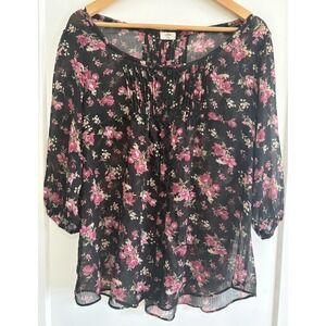 yde Sheer Black Pink Floral Blouse M Medium Boho Pleated Button Chiffon Y2K Top